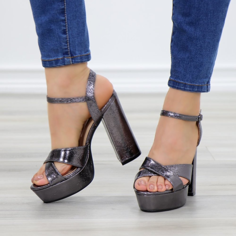 Metallic Pewter Platform Open Toe Heels - Picture 11 of 12